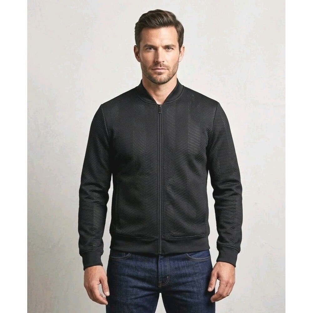 Perry Ellis Mens Bomber Jacket Medium Black Perforated Mesh Full Zip Track